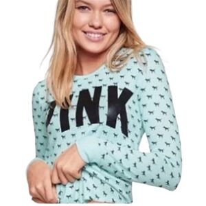 VS PINK Light Aqua Long Sleeve Dog Print Spell Out Night Shirt EUC sz L